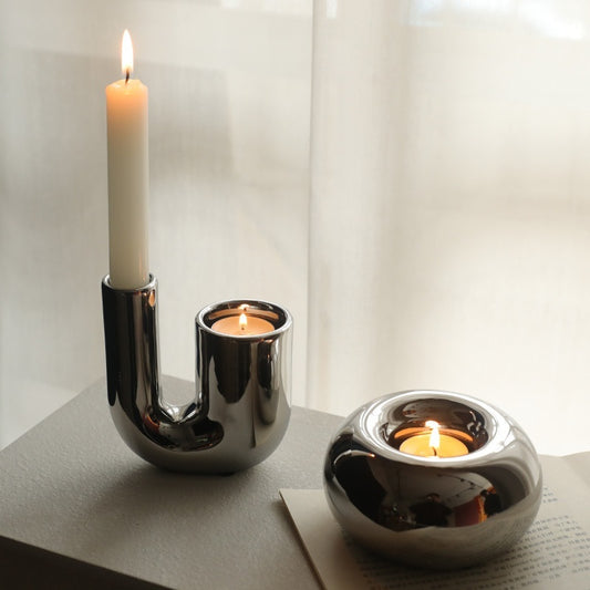 Geometric silver plated candle holder