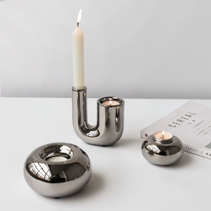 Geometric silver plated candle holder